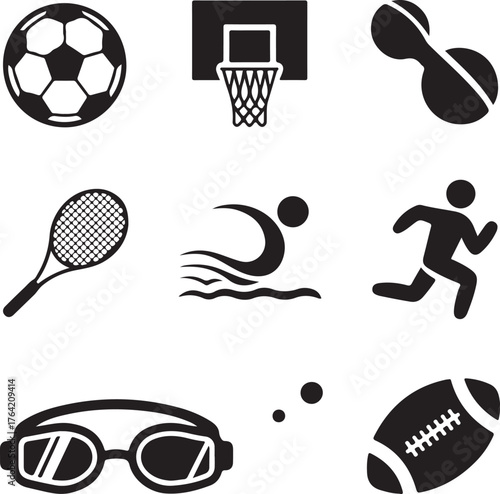 Set of sports equipment and balls icons