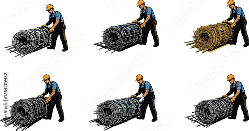 Construction worker wearing safety helmet handling steel reinforcement wire mesh roll, industrial labor, construction material, building site illustration concept.