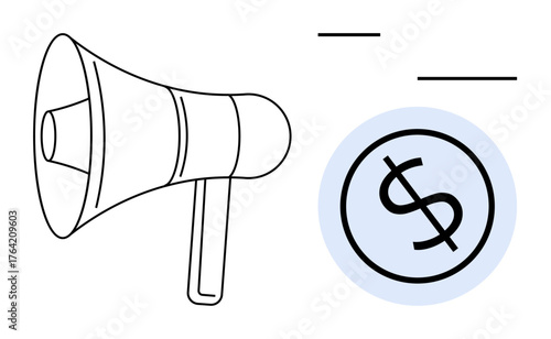 Loudspeaker emitting sound alongside a dollar sign in a circle, symbolizing marketing, advertising, business growth, revenue generation, financial strategy, communication, and promotion. Ideal