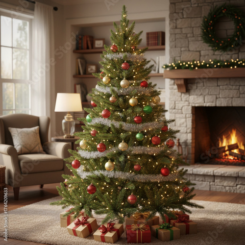 Beautiful decorated Christmas tree by the fireplace — cozy holiday living room interior