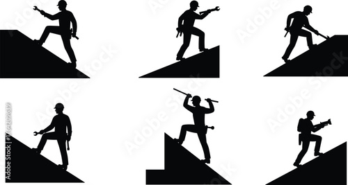 Silhouette of construction workers climbing slopes with tools, industrial repairmen, maintenance technicians, teamwork, safety helmets, engineering, hard work, determination