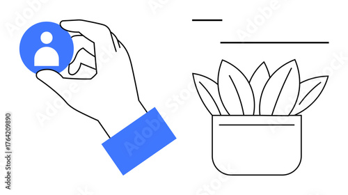 Hand holding a user profile icon alongside a potted plant with leaves. Ideal for teamwork, networking, personal growth, user connection, eco-focus, sustainability, simple flat metaphor