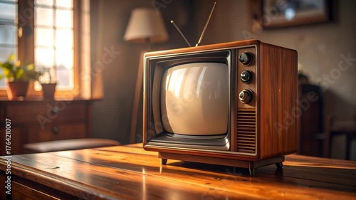 Vintage television on wooden table