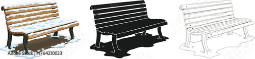 Three park bench variations in color, silhouette, and outline style