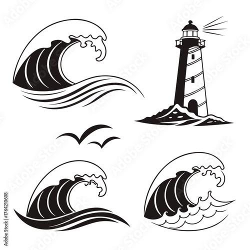 Vector art of lighthouse and wave styles, nautical and marine design elements