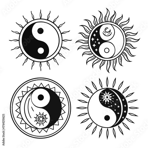 Vector art of set of sun and moon yin yang symbol designs