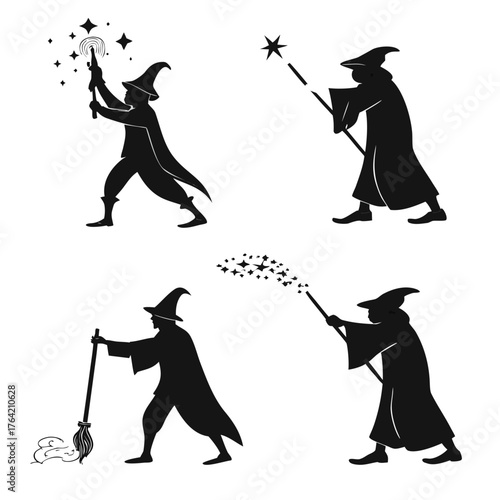 Vector art of silhouette set of wizards with wands and brooms