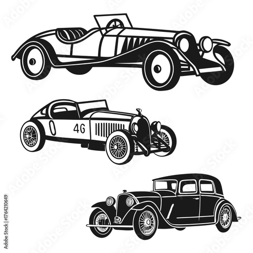 Vector art of three vintage cars in black and white are displayed here