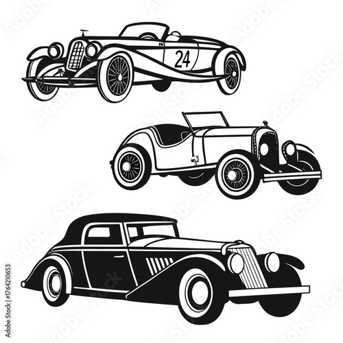 Vector art of three vintage cars in black and white are displayed here