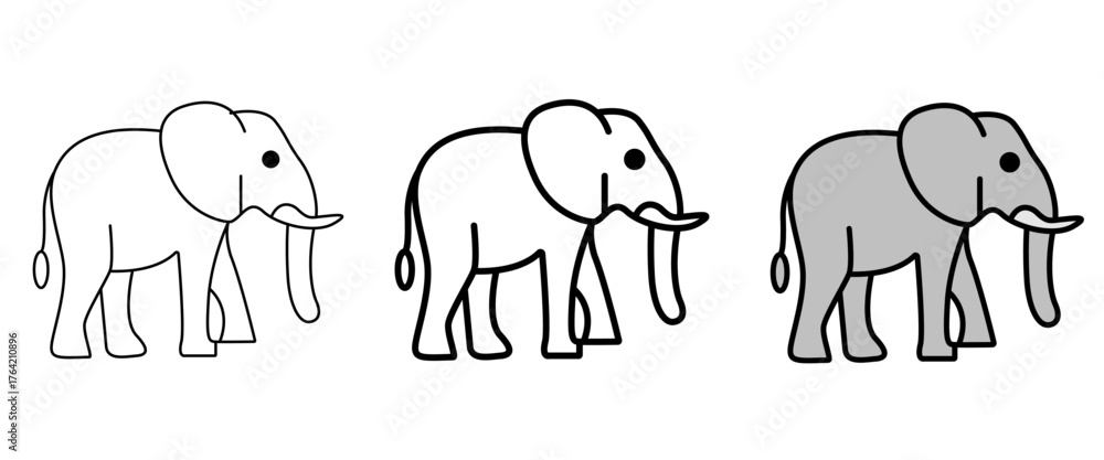 Fototapeta premium Set of minimalist elephant icons with transparent background, depicting African mammal symbols for nature-themed designs, wildlife graphics, and zoo animal elements, vector illustration