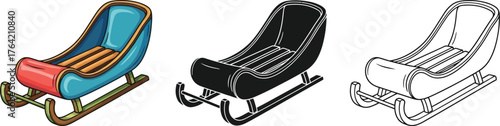 Three sled illustrations in color, silhouette, and outline style