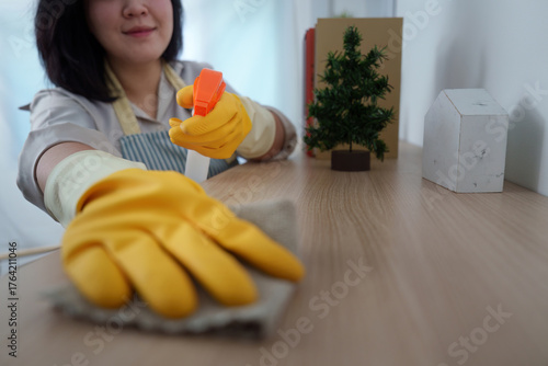 Bild auf Leinwand Housekeeper Cleaning Surface with Spray Bottle and Cloth