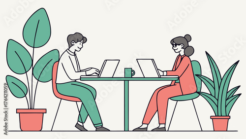 Dynamic teamwork in modern office, two people collaborating on laptops for business success online