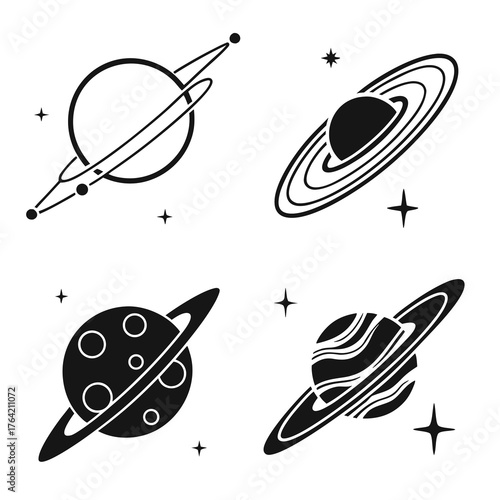 Vector art of monochrome set of saturn planet with ring vector illustration