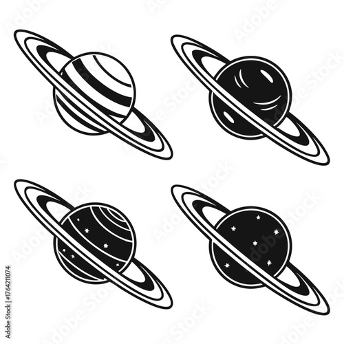 Vector art of monochrome set of saturn planet with ring vector illustration