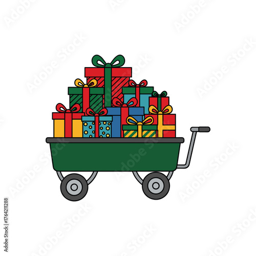 Abundant holiday gifts stacked high in a green garden cart ready for delivery vector Christmas
