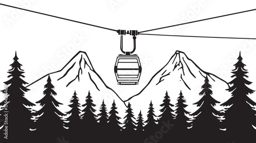 Mountain cable car line art scenic transport cableway in snowy tree lined landscape