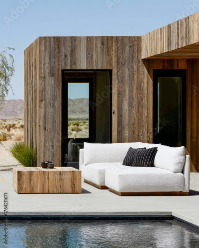 Modern outdoor lounge area with natural wood elements and desert landscape under clear blue sky