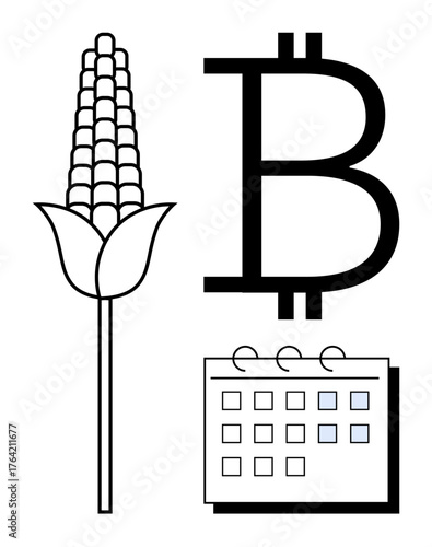 Corn stalk, Bitcoin symbol, and minimalist calendar suggest concepts of agribusiness, cryptocurrency, sustainable farming, and economic planning. Ideal for modern finance, food chain, production