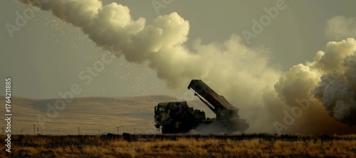 Ground to air missile launch vehicle. Military war aerial defense weapon. Generative video AI technology.	
