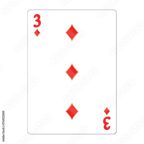 Three of diamonds. Playing card with golden elements. Casino icons. Pictograms representing different suits. Vector illustration. Flat design for modern visual elements.