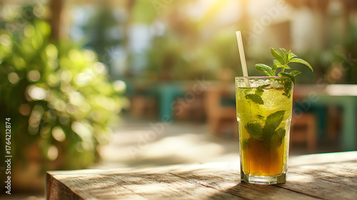 Green iced tea with mint leaves and eco straw on a sunny garden table, lens flare and blurred background with open area
