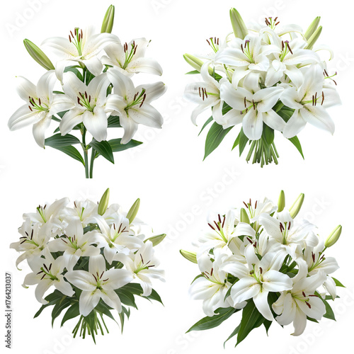 White Lily flower bouquet isolated on a transparent background