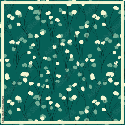 Print for kerchief, bandana, scarf, handkerchief, shawl, neck scarf. Squared pattern with ornament for fabric, textile, silk products. Paisley vector with abstract flowers. Floral folk tracery.