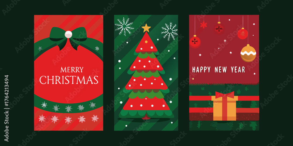 Naklejka premium Festive trio of holiday cards featuring merry christmas and happy new year greetings