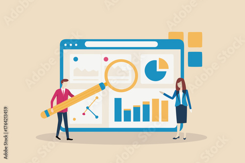 Business professionals analyzing financial data charts and graphs on a digital dashboard with a magnifying glass and pencil