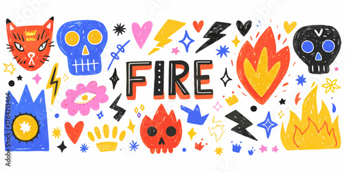 Vibrant hand drawn doodle elements featuring fire skulls lightning bolts hearts and crowns