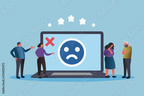 Diverse group of people looking at a laptop screen displaying a sad face emoji and a red cross indicating a negative experience