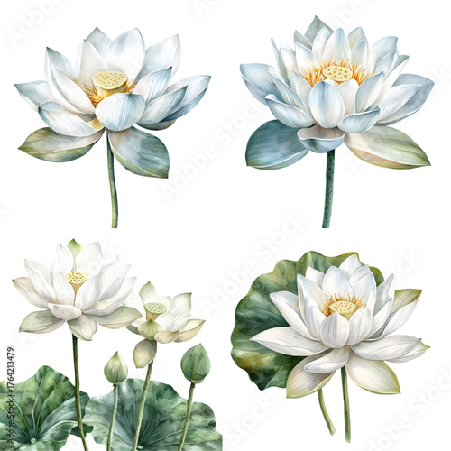 White lotus flower realistic watercolor illustration isolated on a transparent background