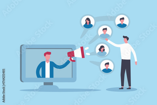 Man broadcasting message via megaphone from computer screen to connected network of people