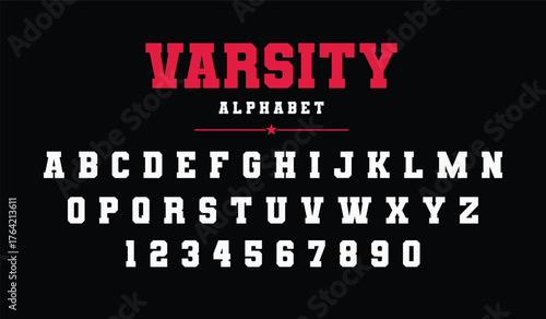 Varsity classic college font alphabet, varsity sport font for baseball, football or basketball logo, brand and t-shirt, athletic department typeface and stylish varsity alphabet