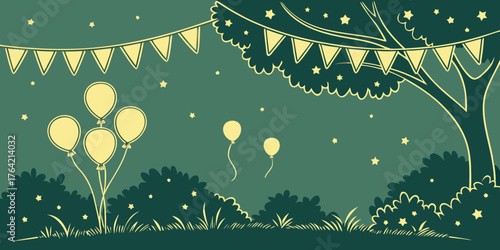 Golden fairy lights shining brightly in the evening over a green celebratory backdrop.