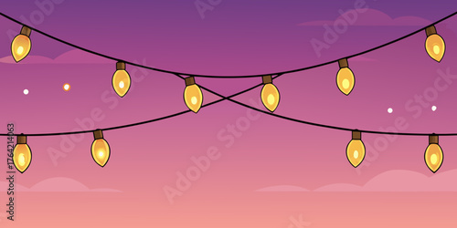 Golden fairy lights shining brightly in the evening over a purple celebratory backdrop.