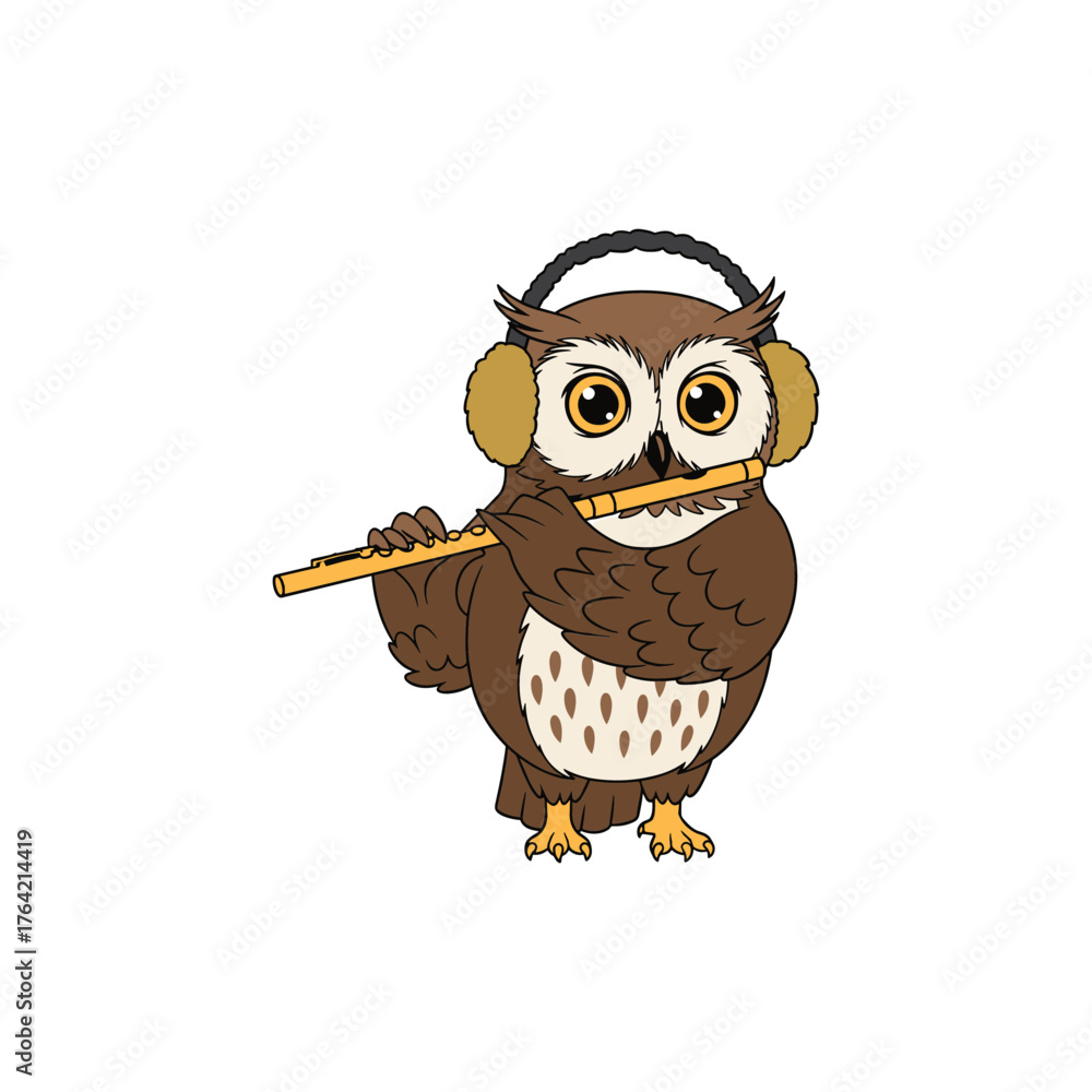 Obraz premium Cute cartoon owl wearing headphones playing a wooden flute music instrument with happy expression vector Christmas