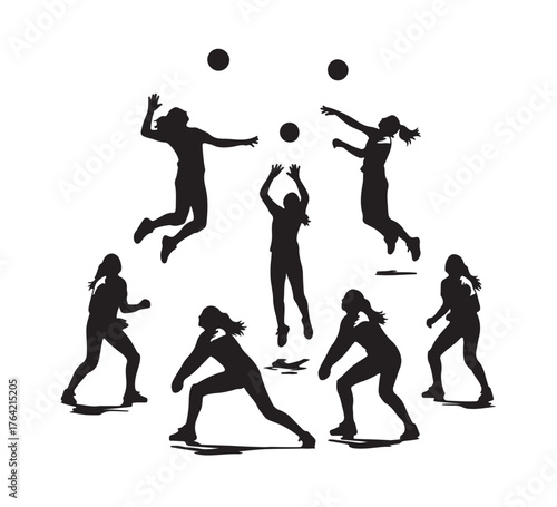 Silhouette of Female Volleyball Players Training and Playing, with Focus on Teamwork, Athleticism and Energy