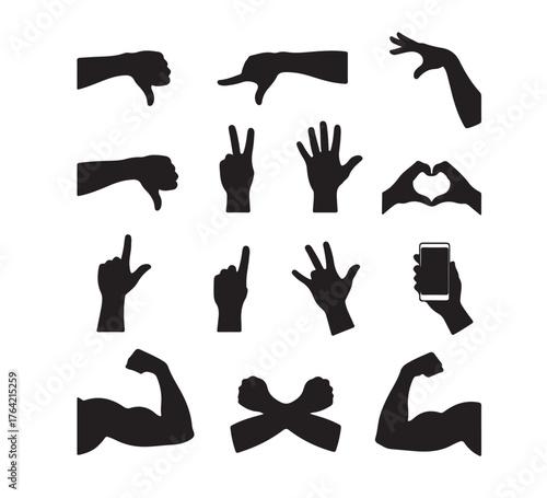 Expressive Hand Gestures A versatile set of silhouettes showcasing diverse hand poses, communication and anatomical illustration