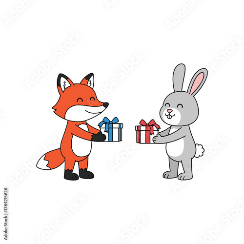 Cute fox and bunny exchanging gifts symbolizing friendship and generosity for the holidays vector Christmas