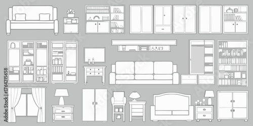 Collection of hand drawn line art furniture and home decor elements on a gray background