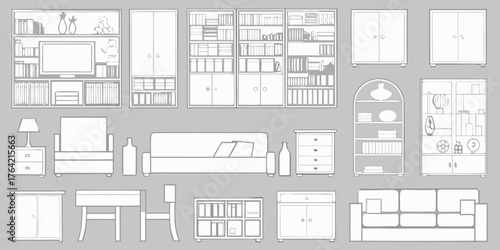 Collection of hand drawn line art furniture icons and objects for interior design and home decor concepts