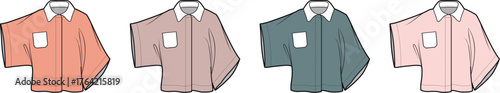 Collection of four short-sleeved collared shirts in various colors, showcased from a front perspective