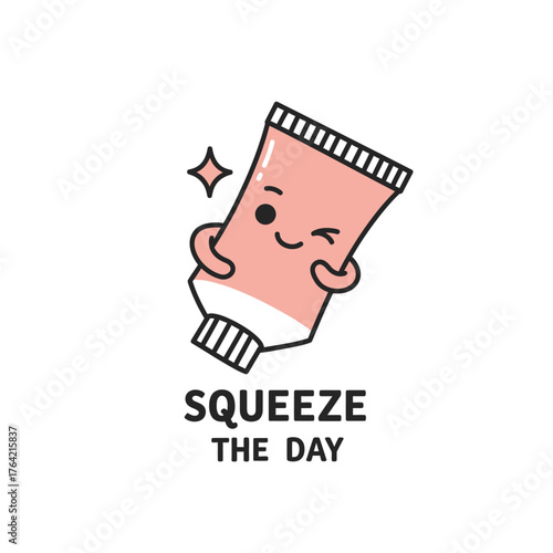 A cute cartoon illustration of a winking tube of cream with the motivational pun Squeeze the Day. Kawaii skincare character for positive inspiration