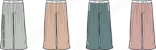 Fashion illustration of four pairs of wide-leg trousers in different pastel colors, showcasing a contemporary clothing design