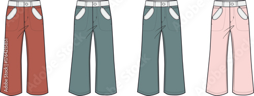 Collection of four pairs of casual pants in different colors red, teal, and pink, displayed in a row