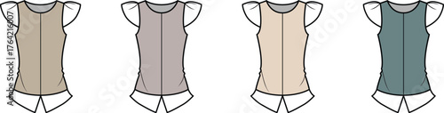 Illustrative technical flat sketches featuring a women's sleeveless top or bodysuit design in multiple contemporary color variations, ideal for fashion apparel development