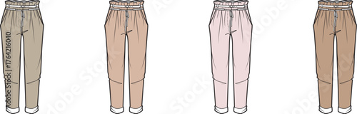 A versatile collection of women's casual jogger pants presented as fashion flat technical drawings in a neutral and pastel color palette for apparel design