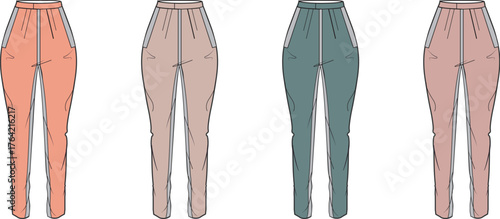 Set of colorful women's joggers technical fashion flat sketches. Vector illustration of sport trousers with high waist and pockets for apparel design